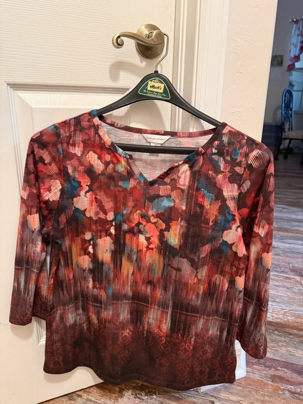 Christopher & Banks Burgundy Multi Floral V-Neck Long Sleeve Top